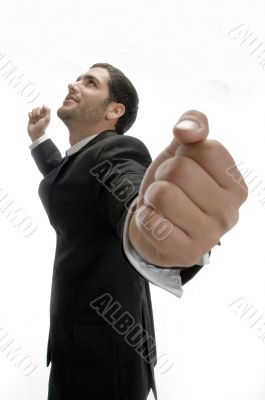 cheerful businessman looking upward