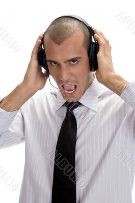 businessman holding headphone