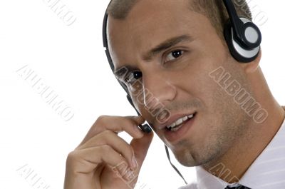 businessman holding speaker of headphone