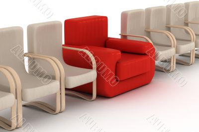 Row armchairs on a white background. 3D image.