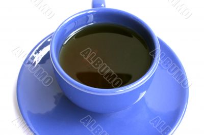 blue cup of green tea on the white background