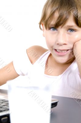 healthy girl with milk and laptop