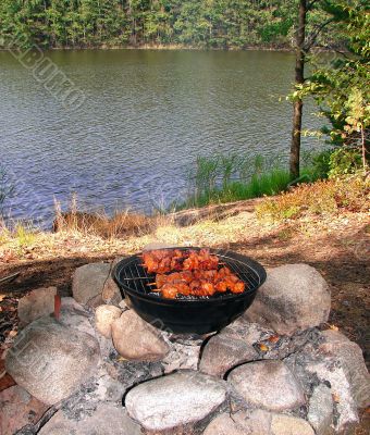 Grill on shore of lake