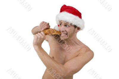 male wearing santa cap eating pizza