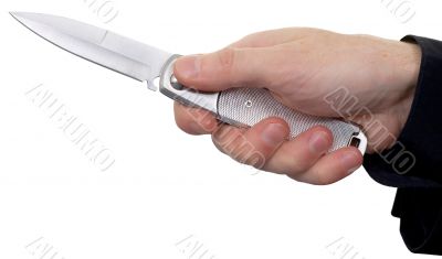 Hand with a knife on a white