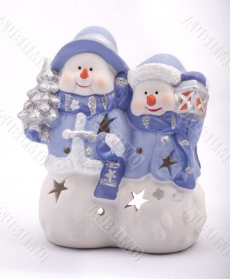 christmas doll, two snowmen statuette.