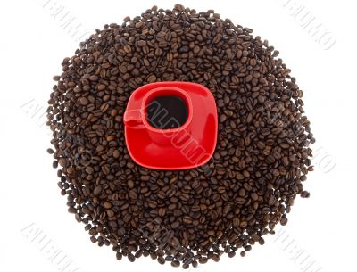 Coffee, red cup with coffee beans