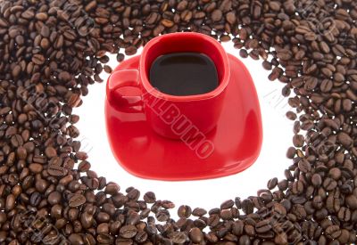 Coffee, red cup with coffee beans