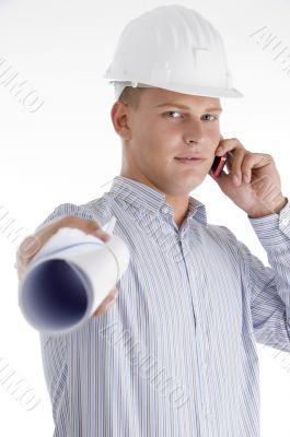 architect showing blueprint and talking on mobile