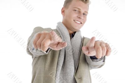 smart american pointing with both hands