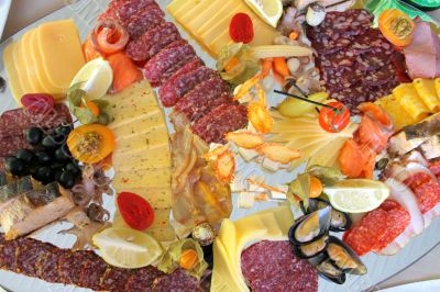 Allsorts snack from meat, seafoods and cheeses