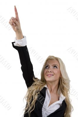 woman looking and pointing upward