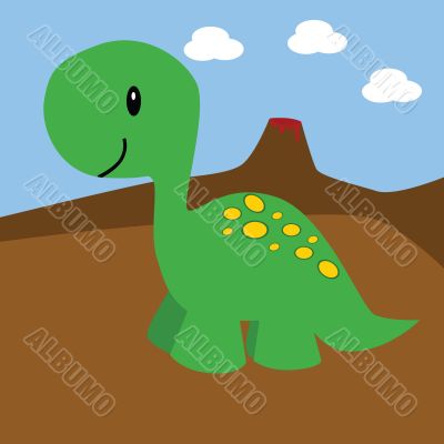 Cartoon dinosaur and volcano