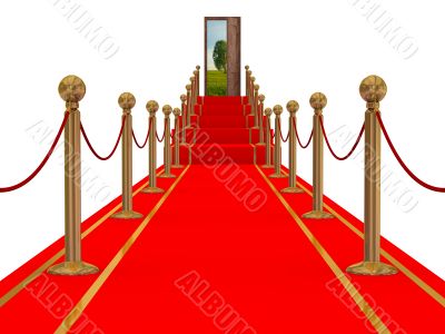 Red carpet path on a stair. 3D image.