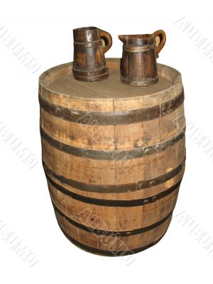 Old Barrel with two mugs isolated