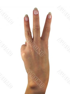 Human lady hand showing three fingers isolated over white background