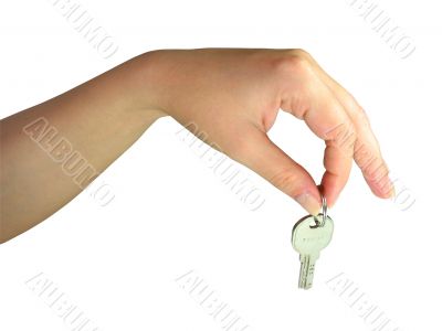 Woman hand giving the key isolated over white background