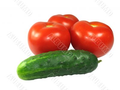 Three tomatoes with a cucumber