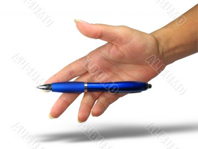 Human lady hand holding a pen isolated over white background