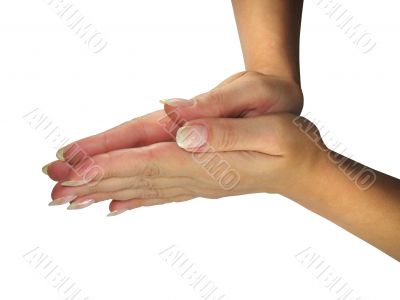 Human lady hand showing connected palms isolated over white background