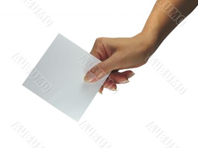 Human lady hand showing empty paper card isolated over white background