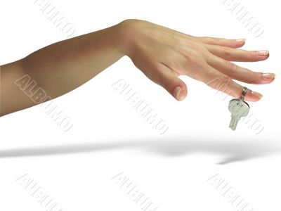 Woman hand giving the key isolated over white background