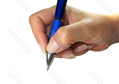 Human lady hand signing with a pen isolated over white background