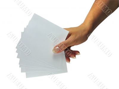 Human lady hand showing empty paper cards isolated over white ba
