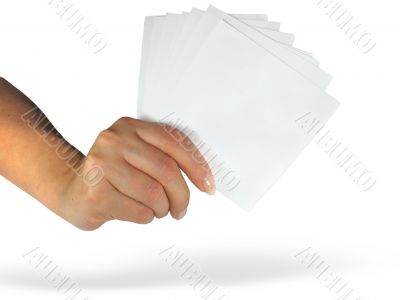 Human lady hand showing empty paper cards isolated over white ba