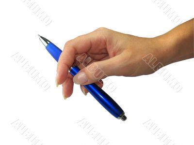 Human lady hand holding a pen isolated over white background