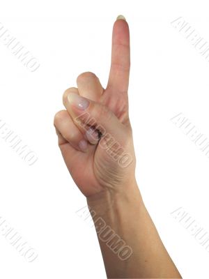 Human lady hand showing one finger isolated over white background