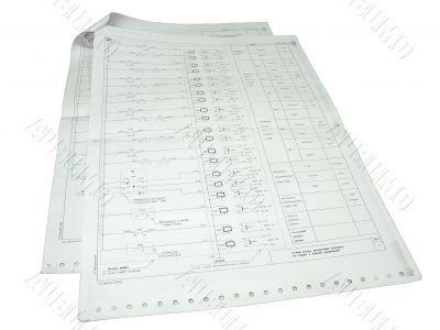 Two papers with electronic schemes isolated over white background