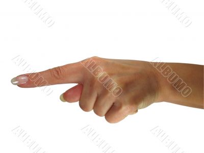 Human lady hand showing direction isolated over white background