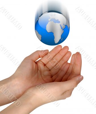 Woman hands catching falling blue globe