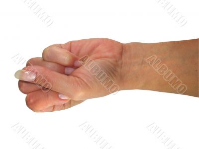 Human lady hand showing fist isolated over white background