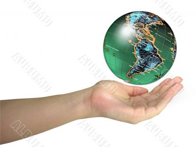 Human lady hand holding world globe isolated over white