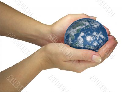 Human lady hands holding earth globe isolated over white