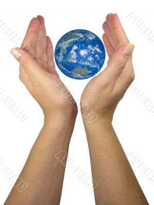 Human lady hands protecting earth globe isolated over white