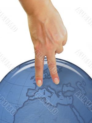 Woman hand showing human symbol over earth globe