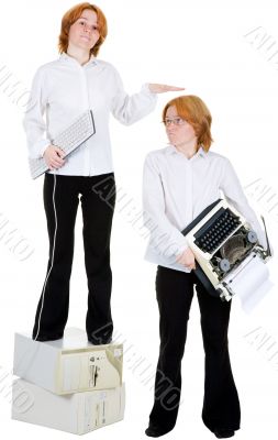 Girl with the keyboard, and girl with a typewriter