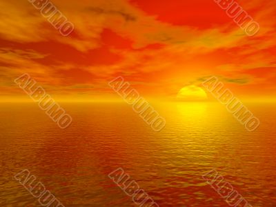 bloody red sunset over ocean water 3d high quality rendered