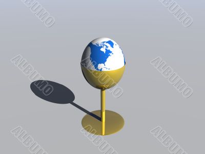 3D concept - Earth globe in a support for egg over gray background