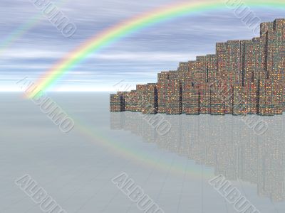 Conceptual city skyscrapers on blue sky and rainbow
