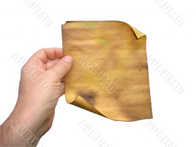 man hand holding old lined burned paper with empty space for text or image