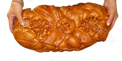 homan lady hands giving nice bread with pattern isolated over white background