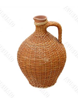 terracotta clay vase with wooden protection isolated over white background