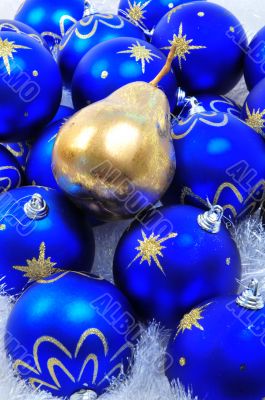 Blue Ornaments with Golden Pear
