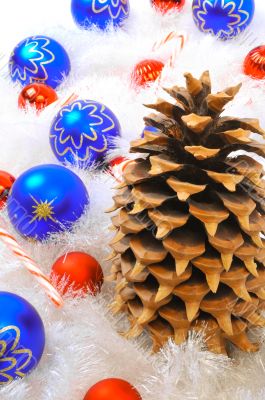 Pine Cone with Candy and Red & Blue Ornaments