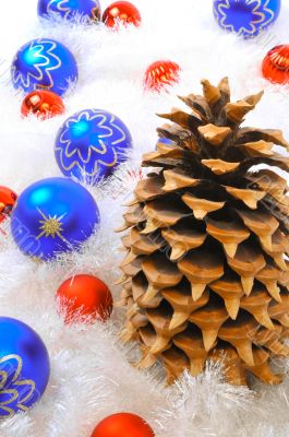 Pine Cone with Red & Blue Ornaments