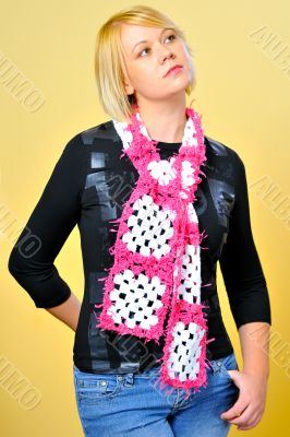 Blond Woman with Pink and White Scarf